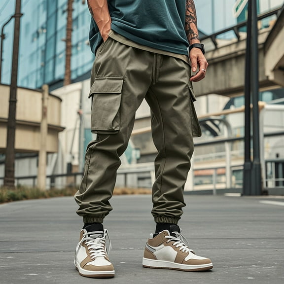 HOMADLES Mens Cargo Pants Elastic Waist Solid Breathable Outdoors Multiple Pockets Foot binding Cargo Pants Army Green