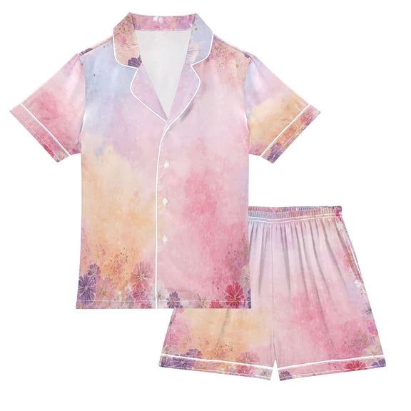 Silky Satin Kids' Pajama Set Breathable & Smooth Unisex Button-Down Pajamas Colorful Pastel Floral Pattern