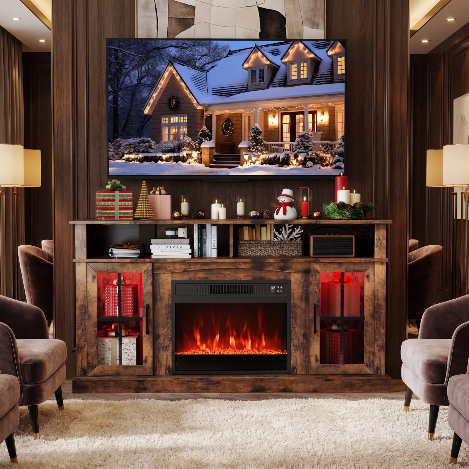 Furnibear 58 Inch Fireplace TV Stand Entertainment Center with LED Lights Storage Cabinets and Tempered Glass Doors for Living Room, Rustic Brown