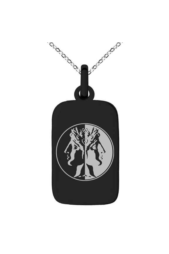 Stainless Steel Janus Greek God of Beginnings Engraved Small Rectangle Dog Tag Charm Pendant Necklace