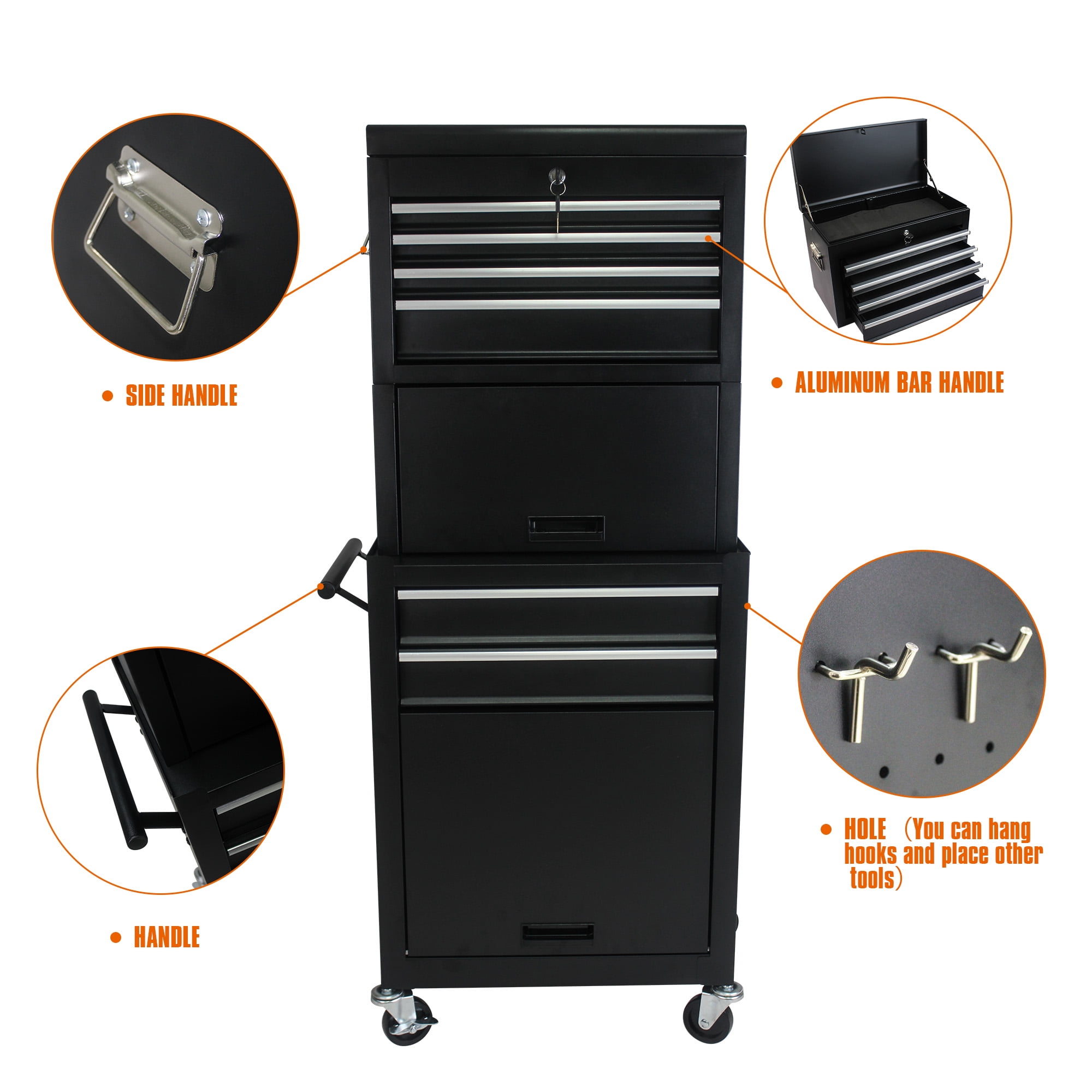 Seizeen 6-Drawer Rolling Tool Box, 3-IN-1 Metal Tool Chest Detachable, Garage Storage Cabinet for Tool Organizer, Black Toolbox On Wheels Lockable