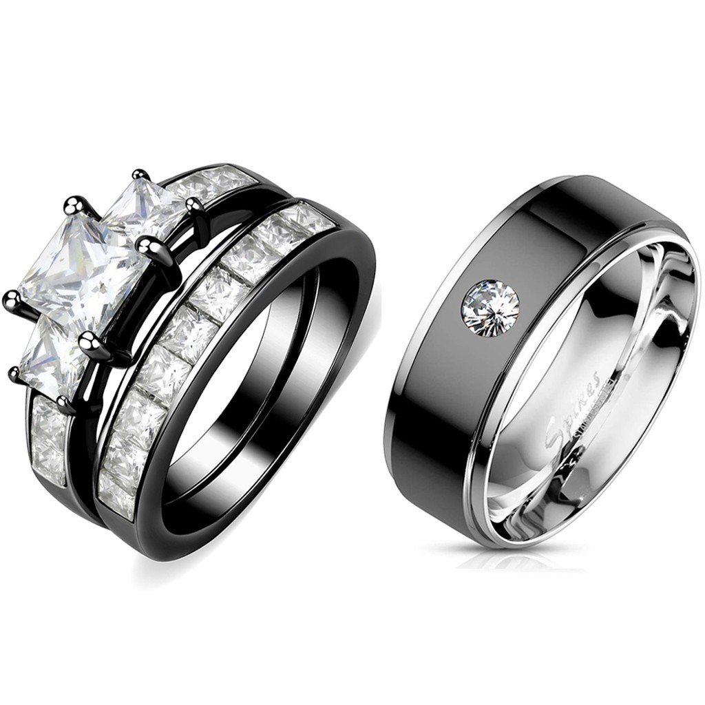 La Ny Jewelry Couple Ring Set Womens 3 Stone Type Princess CZ Black