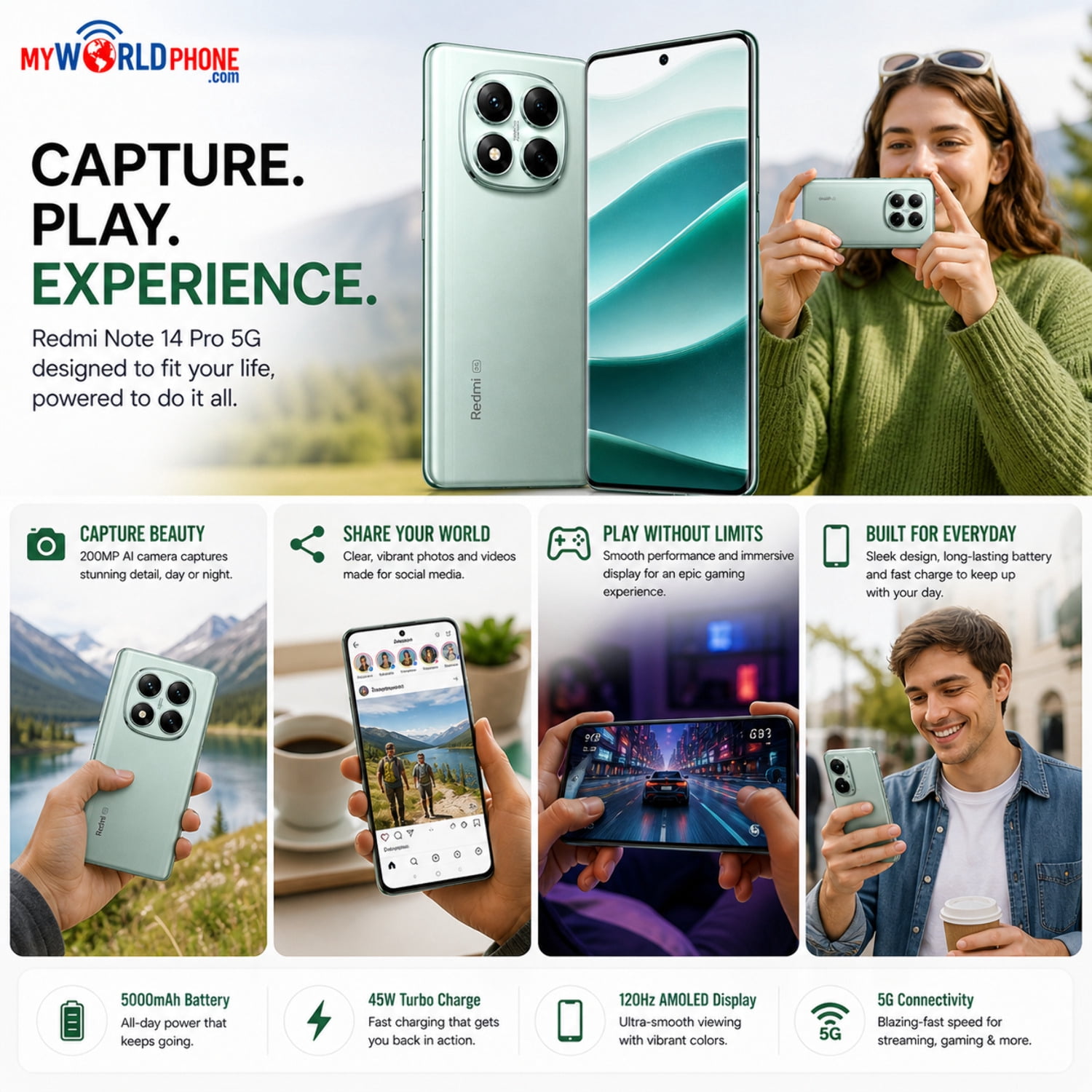 Redmi Note 14 Pro 5G 256GB ROM 8GB RAM Dual SIM GSM Unlocked - Coral Green