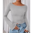 thumbnail image 6 of TrdSipl Womens Long Sleeve Shirts 2025 Fall Ruched Sides Bell Sleeve Boat Neck Basic Tee Lounge Slim Fit Ribbed Crop Tops Y2k Outfit Stylish Clothes, 6 of 6