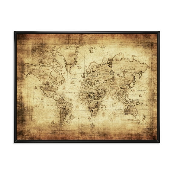 Designart 'Ancient World Map IV' Vintage Framed Canvas Wall Art Print
