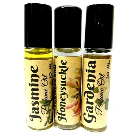 COMBO - Set of THREE - 1/3 oz 10ml Roll On Bottles of Jasmine, Honeysuckle and Gardenia UNCUT Perfume Oils- Long