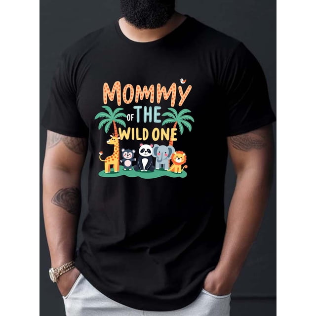 T-Shirt Décontracté à Manches Courtes pour Homme - T-Shirt Graphique à Imprimé Animal « MOMMY OF THE WILD », Noir Coupe Régulière Col Rond, Respirant