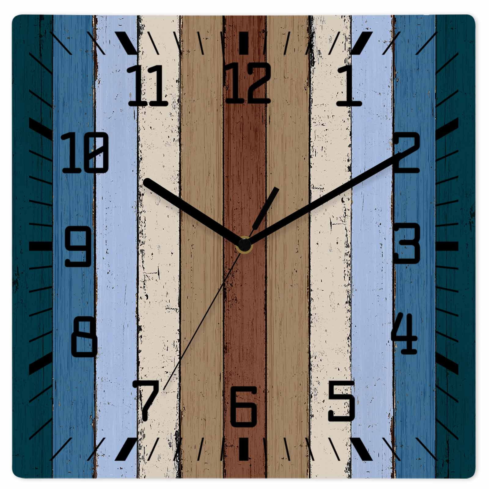 Wall Clock Blue Brown Wood Grain Operated Square Clocks Wooden Silent Non-Ticking Wallclock 12 Inch Rustic Wooden Plank Wood Wall Clock for Living Room Bedroom Office Shool Home Decor