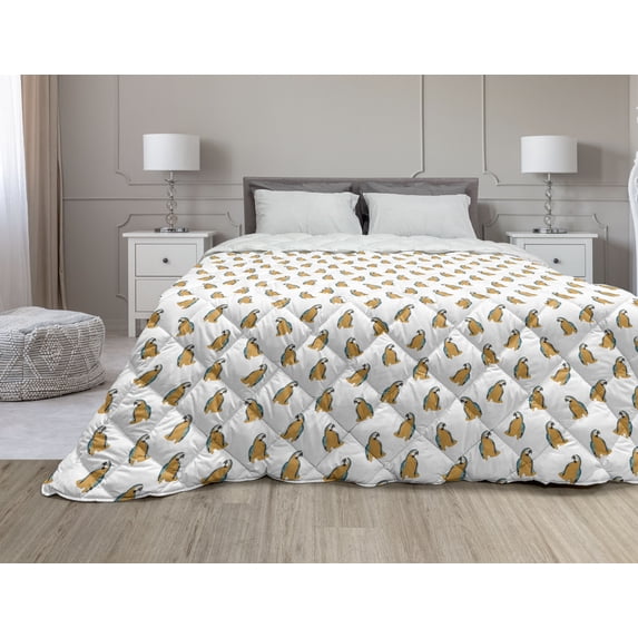 Yellow Bird Down Alternative Comforter, Repeating Animal Pattern of Simple Outline Tiny Ducks, Microfiber Quilt for All Season, 5 Sizes, Mustard Apricot, by Ambesonne