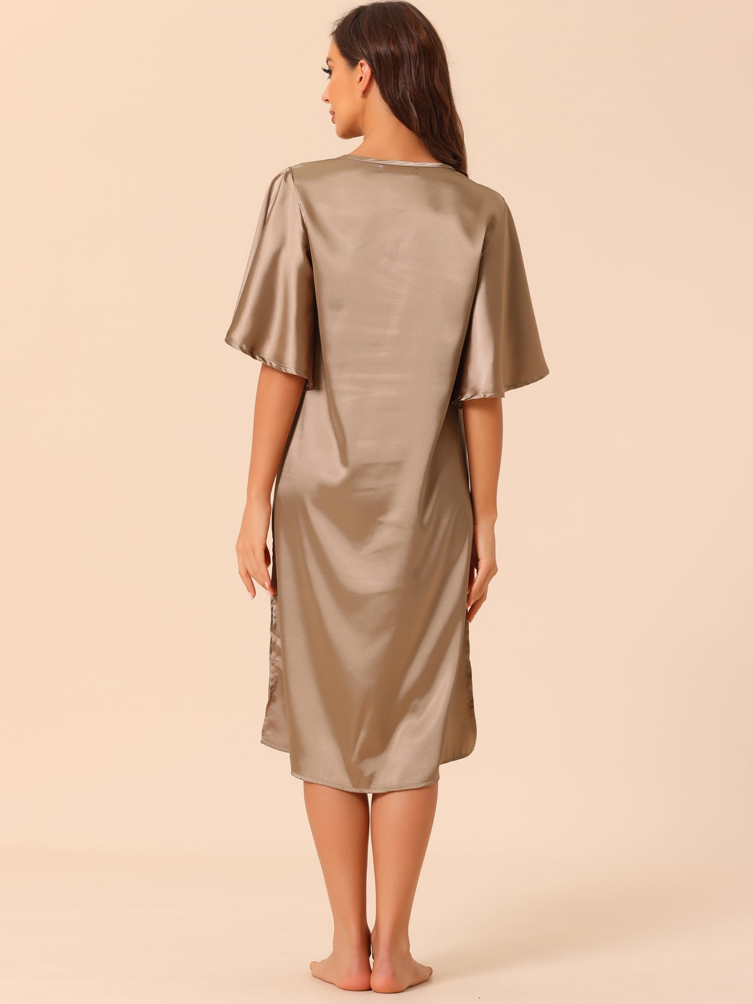 DARING DIVA Women's Satin Flare Bell Short Sleeve Nightgown XS Light Brown