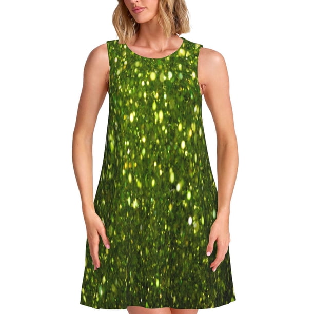 Easygdp Green Glitter Sparkle para Vestido Transpirable de Mujer, Vestido Suelto de Manga Corta con Pliegues y Bolsillos para el Verano