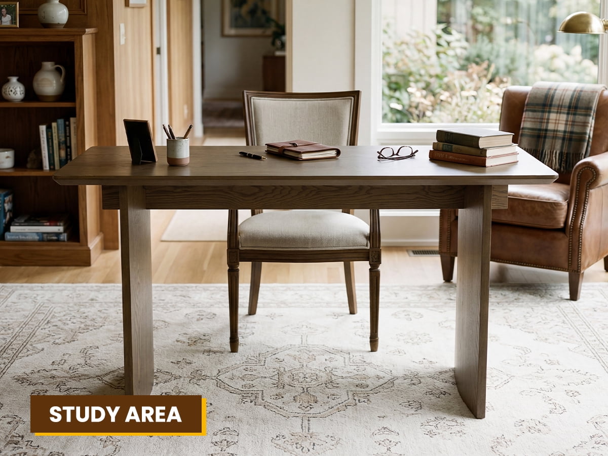 Guyou 55" Natural Oak Desk, Light Wood Finish MDF Study Table, Versatile Vanity & Office Desk with Sculptural Legs, Sturdy Two-Pedestal Design for Work & Study, Walnut