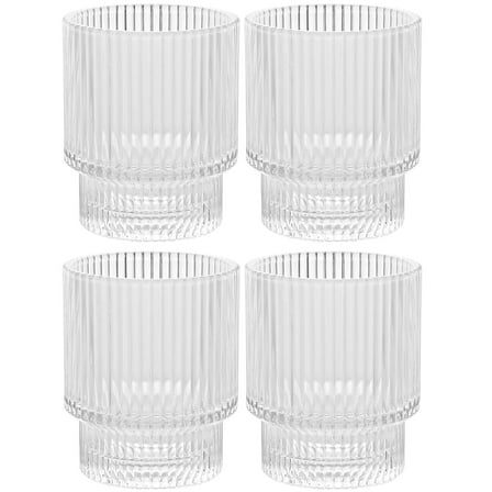 Vintage Art Deco Fluted Drinking Glasses - 9 oz Modern Kitchen Glassware Set  Old Fashion Tumbler Cups for Weddings, Cocktails, Bar  Ribbed Lowball Glass Cup for Water, Gin, Whiskey- Set of 4, Clear