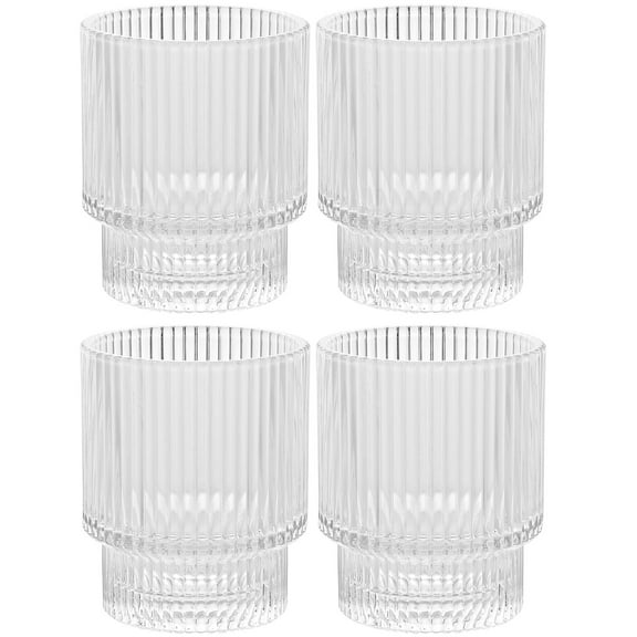 Vintage Art Deco Fluted Drinking Glasses - 9 oz Modern Kitchen Glassware Set  Old Fashion Tumbler Cups for Weddings, Cocktails, Bar  Ribbed Lowball Glass Cup for Water, Gin, Whiskey- Set of 4, Clear