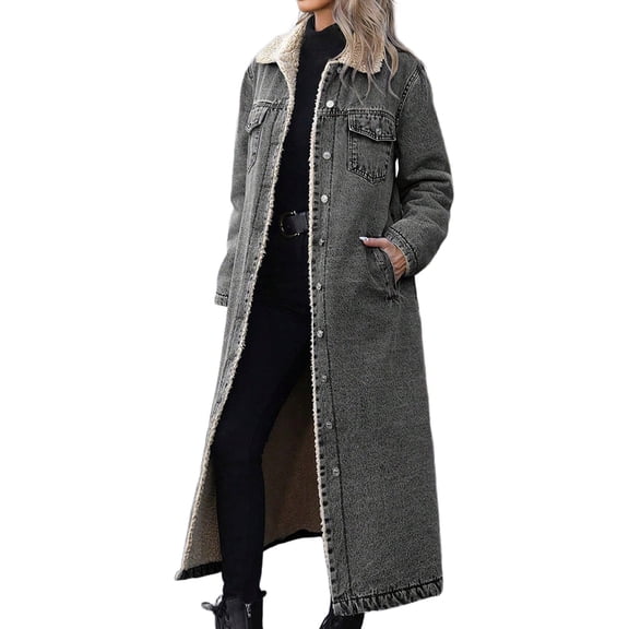 Women's Winter Windproof Lined Long Denim Coat Trucker Jacket BK1 L