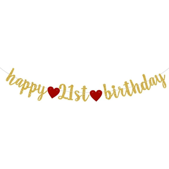 Happy 21st Birthday Banner - Gold Glitter 21st Theme Letters Hang Bunting - 21 birthday sign (Pre-Strung)