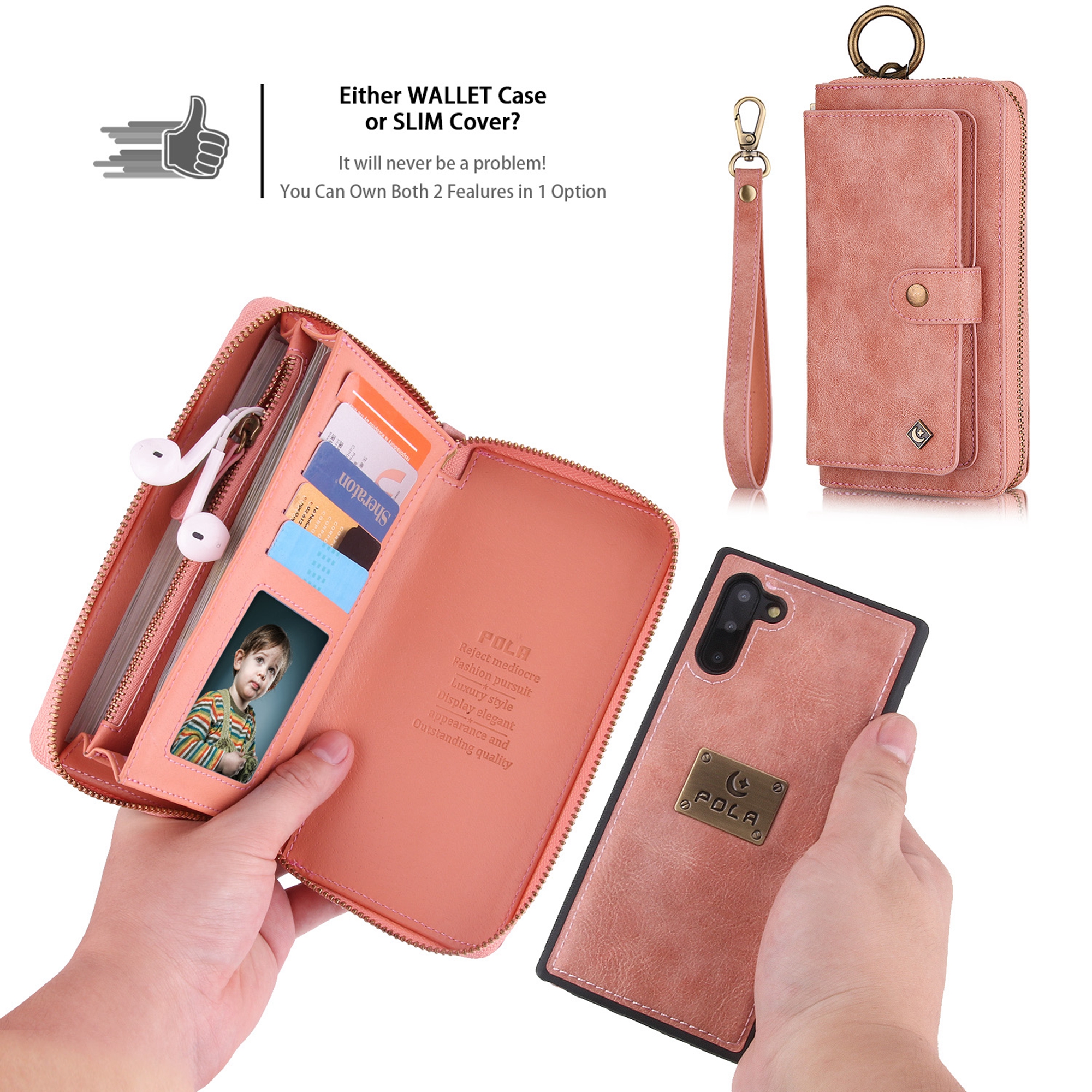 Samsung Galaxy Note 10 6.3 inch Wallet Detachable Case, Dteck Zipper Purse Phone Case Multi-functional Folio Flip Leather Removable Magnetic Back Cover For Samsung Galaxy Note10,Pink