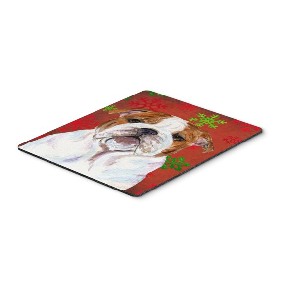 "Bulldog English Red and Green Snowflakes Holiday Christmas Mouse Pad Hot Pad or Trivet"