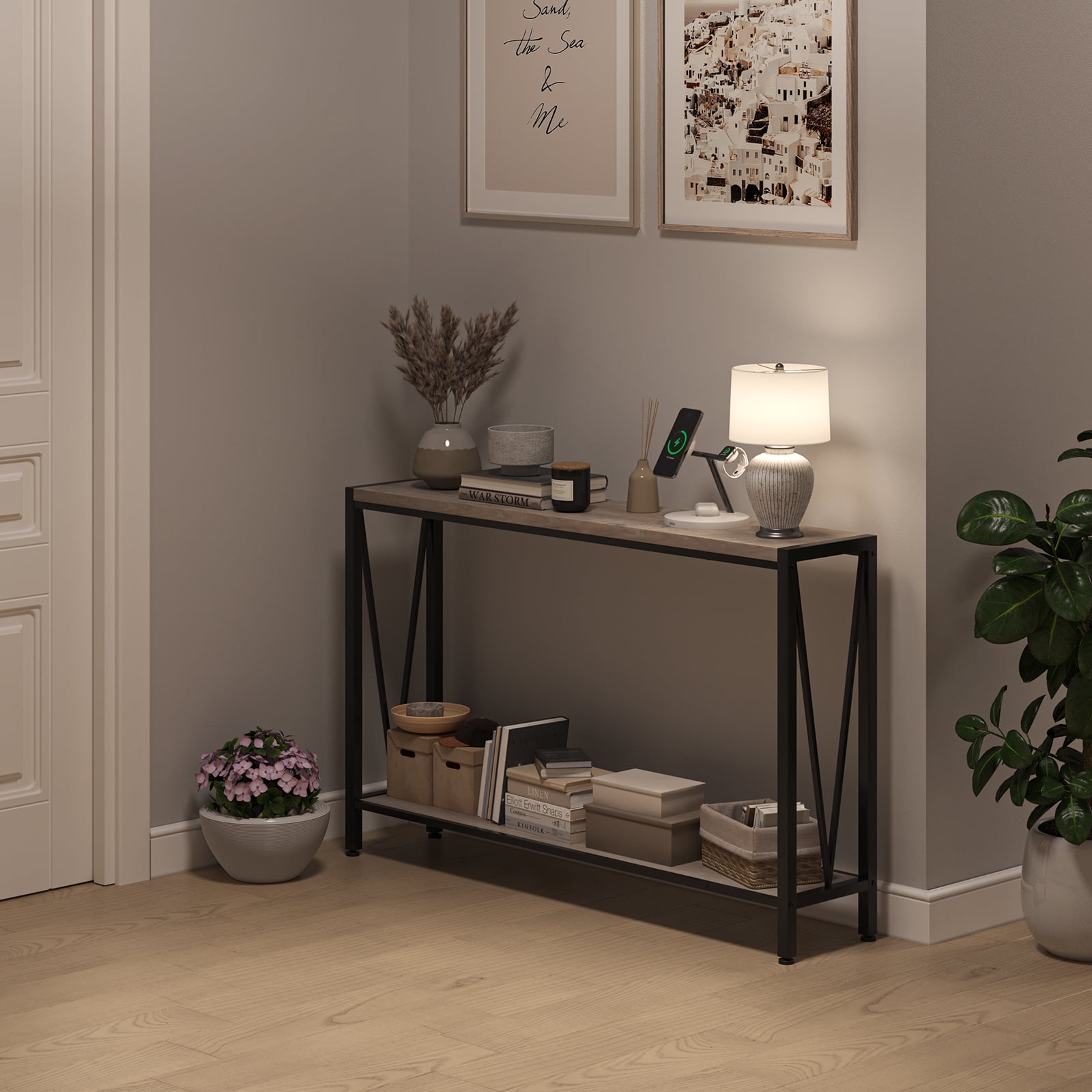 43 Inch Console Table, 2-Tier Narrow Console Sofa Side Table for Entryway Hallway Living Room, Premium Entryway Furniture for Hallway, Living Room, Foyer, Corridor, Office, in Black, Retro & Gray