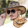 thumbnail image 4 of Sombrero de Vaquera de Vaquero de Paja para Hombres y Mujeres Sombrero de Sol Transpirable Hueco de ala Ancha con Banda de Adorno de Cuentas Estilo Occidental para Viajes en la Playa al Aire Libre, 4 of 8