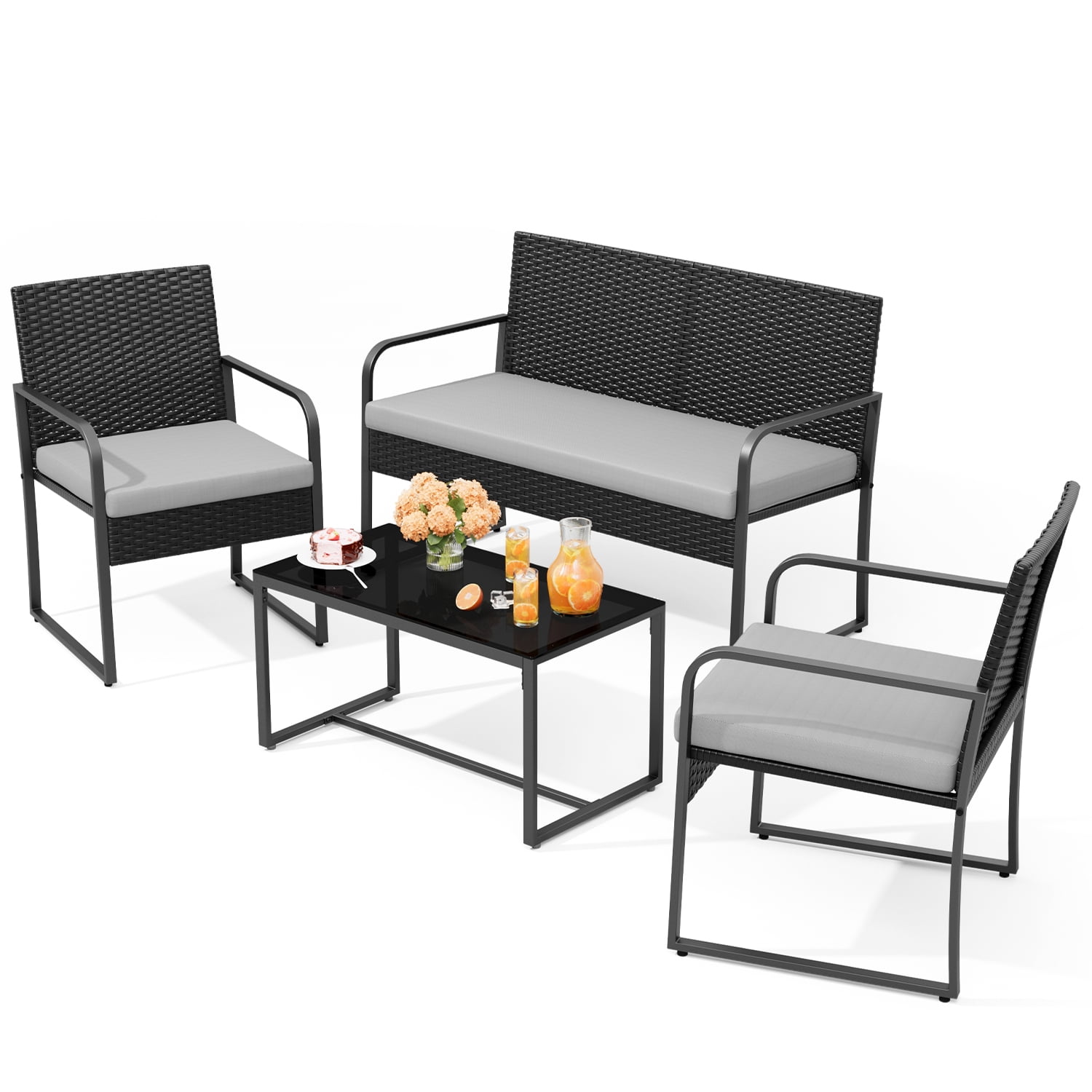 Wicker Outdoor Conversation Set with Glass Top Table, Patio Seating Furniture for Yard, Lawn and Poolside, Grey