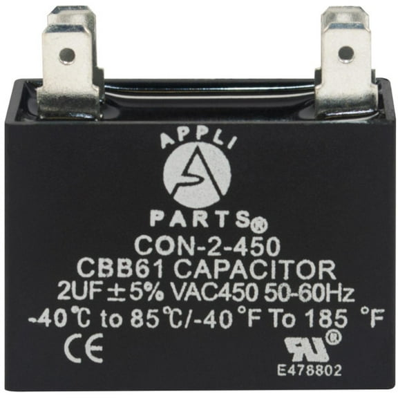 Appli Parts Fan Capacitor 2 mfd (microfarads) uf 450 VAC with 4 Terminal Connections compatible with any brand within the same range of capacitance 1-1/2in Width 5/8in depth 1-3/8in Height CAP-2-450