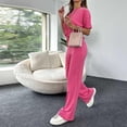 thumbnail image 4 of Inleife Two Piece Sets for Women Summer Fashion Summer Women Casual Short Sleeve Bandage Tops Outing Long Pants Sets Hot Pink Sizes S, 4 of 6