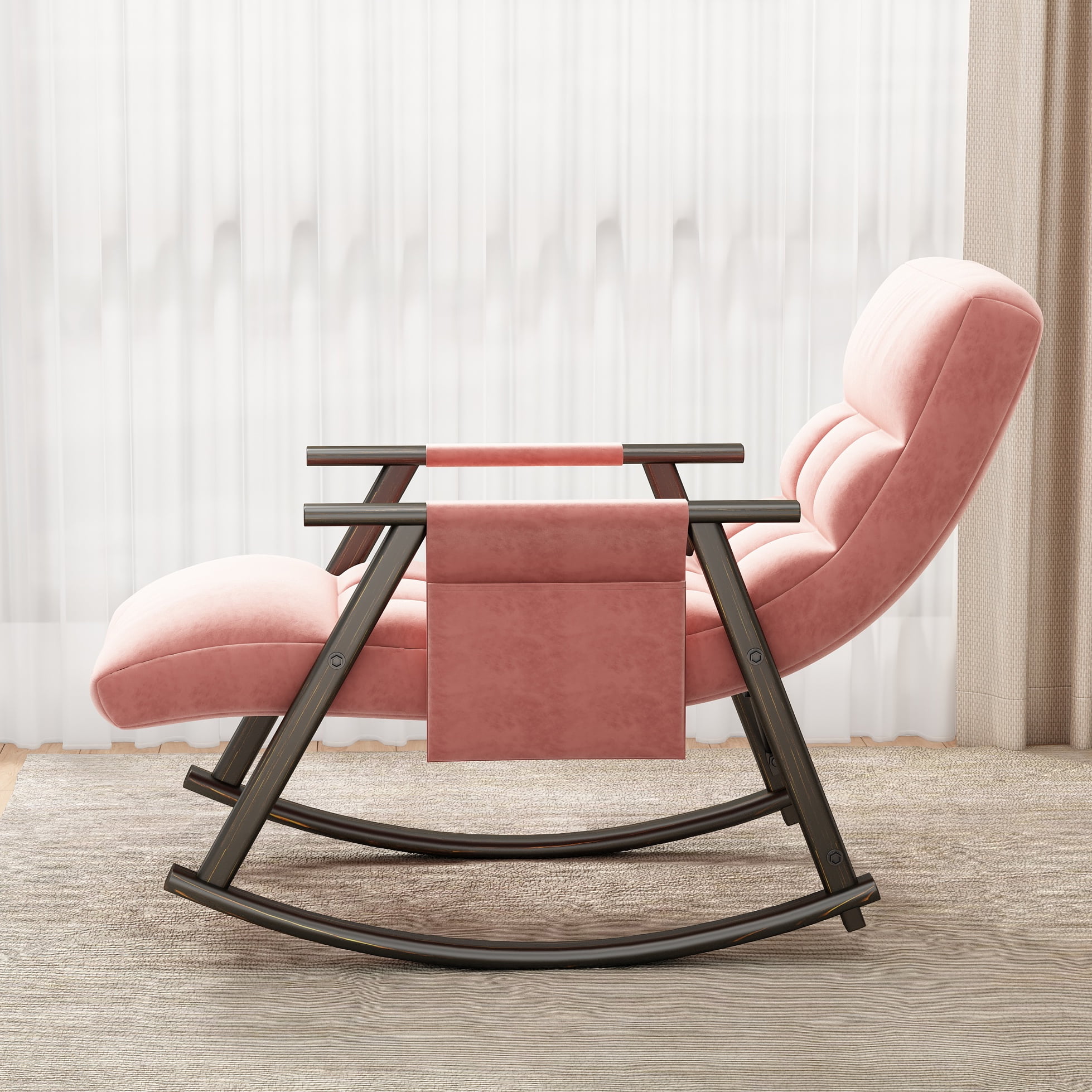 Aukfa Upholstered Rocking Chair, Lounge Chair w/ Adjustable Back & Foot Rest,GrayAdjustable Pink