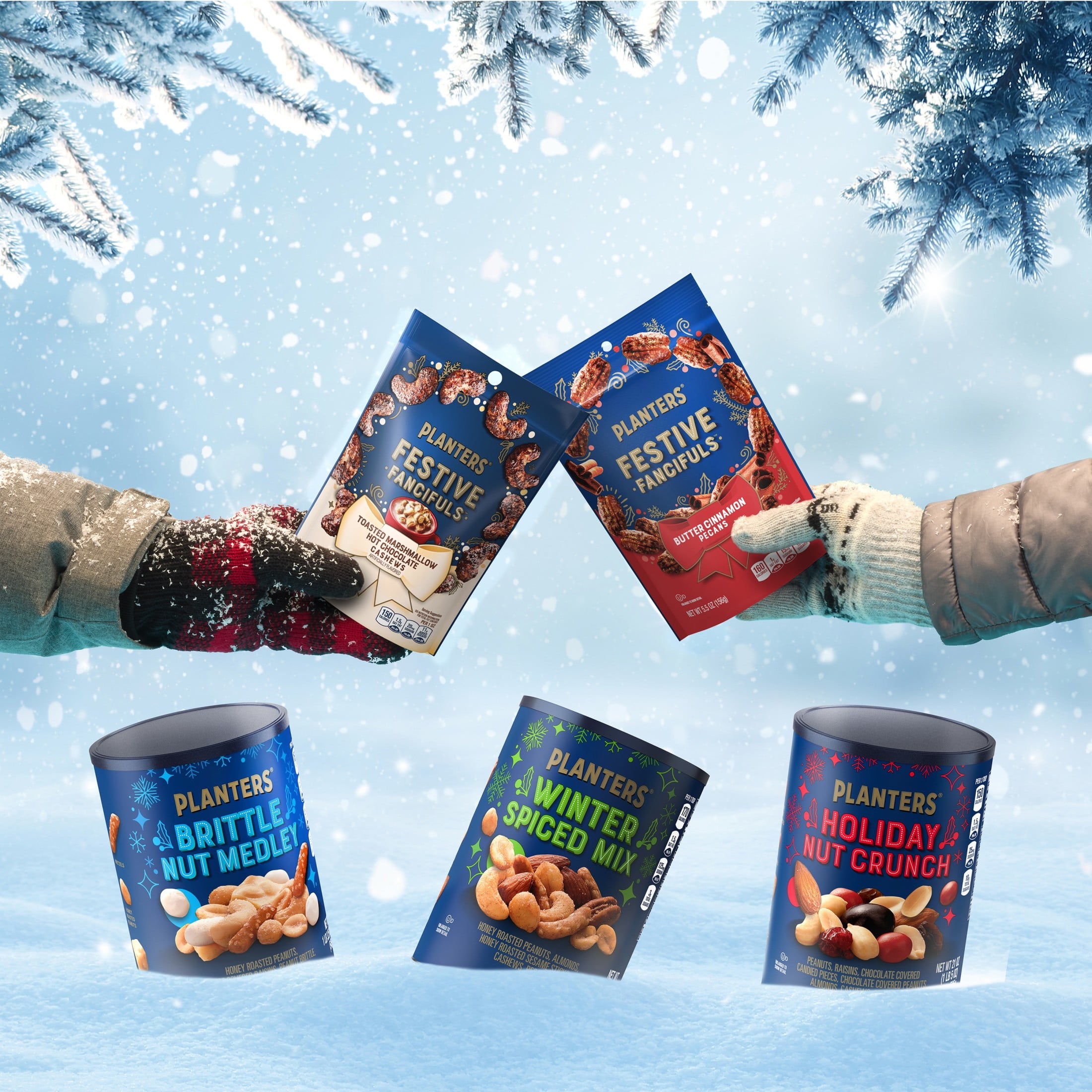PLANTERS Winter Edition Brittle Nut Medley Trail Mix Snack with Honey Peanuts, Yogurt Raisins, Peanut Brittle, Pretzels and Cashews, Plant Based Protein, 1.20 lb. Canister