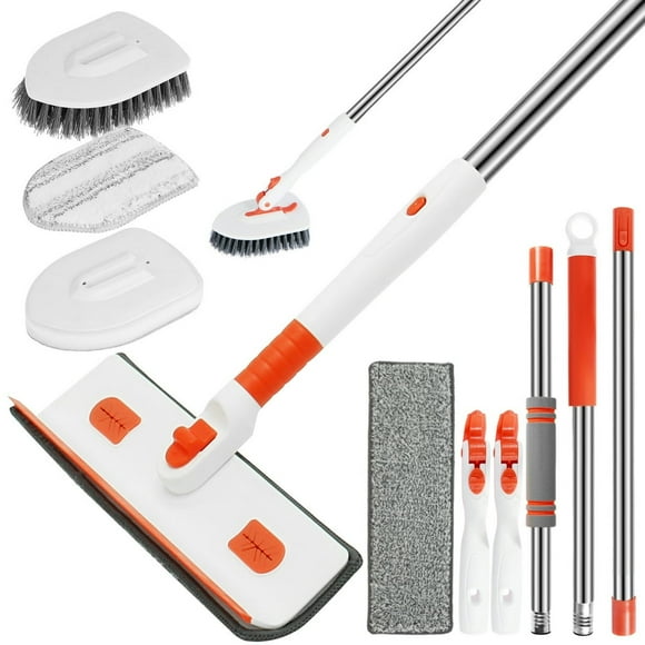 Bathroom Cleaning Brush with Long Handle 180° Rotatable Lockable Shower Scrubbing Brush Replaceable Tub Tile Scrubber with Stiff Bristle Microfiber Pad Scouring Pad Wiper for Bathtub Til