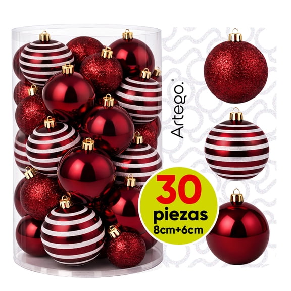 Esferas para árbol de navidad Artego set mix de 30 esferas = 10pz*8cm 20pz*6cm color Vino * Línea Glitter 3 acabados glitter, brillante y cromada, para colgar Christmas ornaments