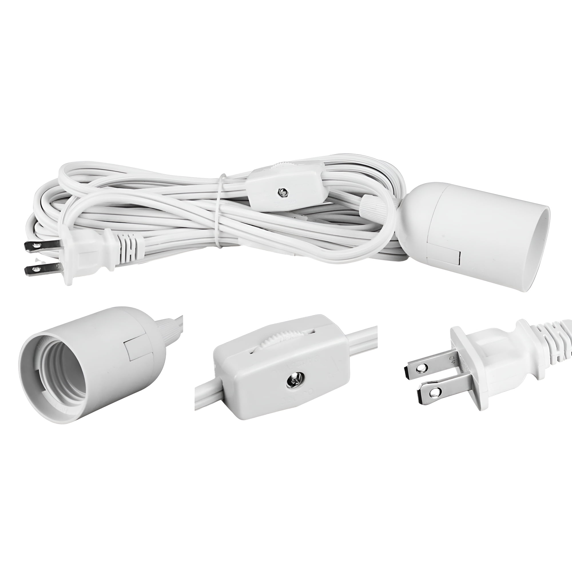 ABI E26 Light Bulb Socket to 2-Prong US AC Power Cord Adapter with On/Off Switch, 12 FT Cable (6-Pack)