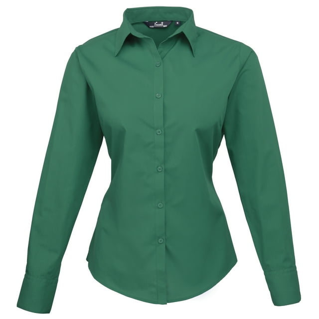 Premier - Camisa lisa de popelín de manga larga para mujer (Verde esmeralda)