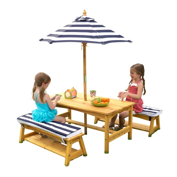 Kidkraft Outdoor Table Bench Set With Cushions Umbrella Navy White Stripes Walmart Com Walmart Com