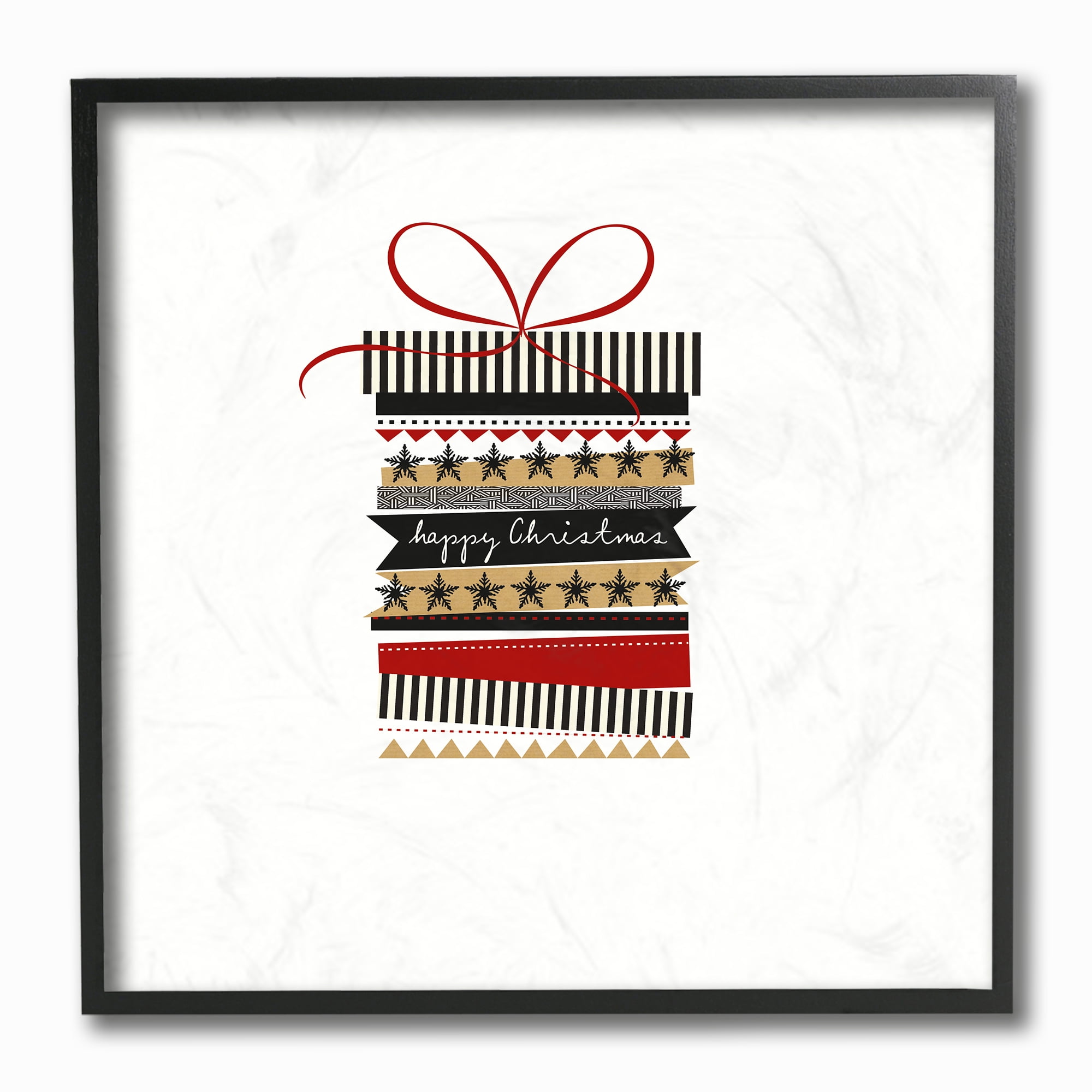 The Stupell Home D/écor Collection Holiday Minimal Happy Christmas Patterned Present Stas Stripes Black Red and Gold Framed Giclee Texturized Art Multi-Color 12 x 12