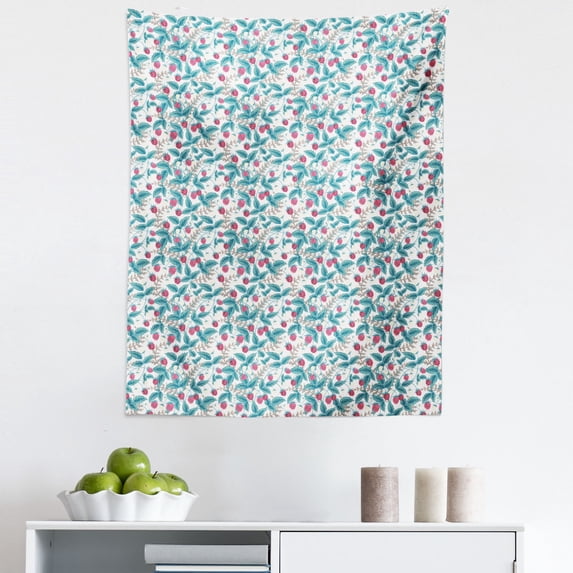 Fruit Tapestry, Raspberry Pattern with Foliage Leaves Hand Drawn Seasonal Food Spring Vegetation, Fabric Wall Hanging Decor for Bedroom Living Room Dorm, 5 Sizes, Multicolor, by Ambesonne
