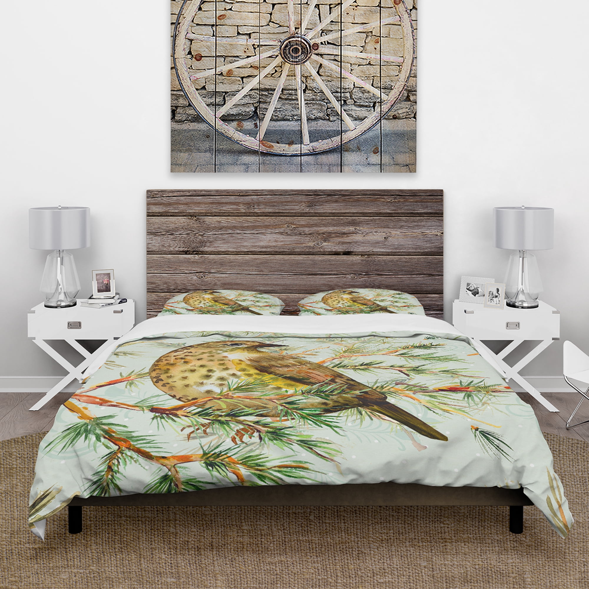 Designart 'Small Cute Bird on Pine Branch' Animals Duvet Cover Set