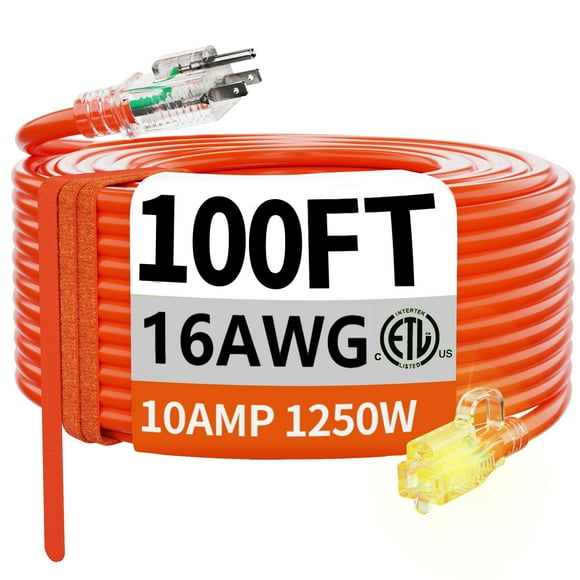 HUANCHAIN 16/3 100 ft Outdoor Extension Cord Waterproof with Lighted End, Flexible Cold-Resistant 3 Prong Electric Cord Outside, 10A 1250W 125V 16AWG SJTW, Orange, ETL Listed