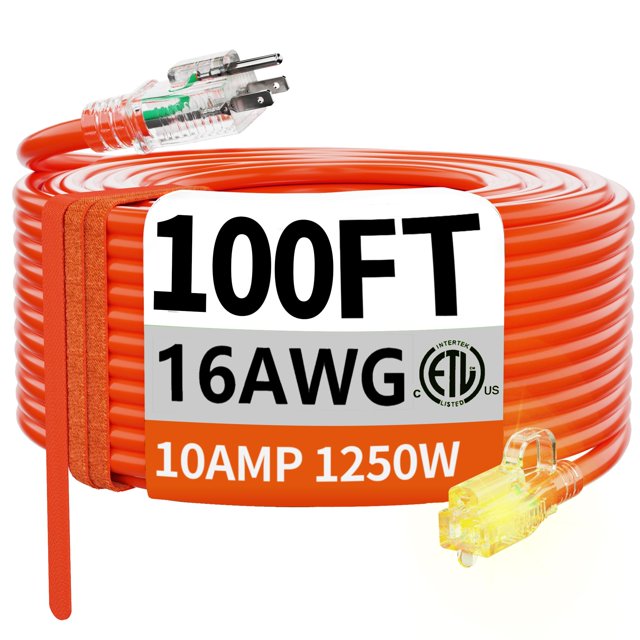 HUANCHAIN 16/3 Rallonge Extérieure de 100 Pi Étanche avec Extrémité Éclairée, Cordon Électrique Extérieur Flexible et Résistant au Froid à 3 Broches, 10A 1250W 125V 16AWG SJTW, Orange, Homologué ETL