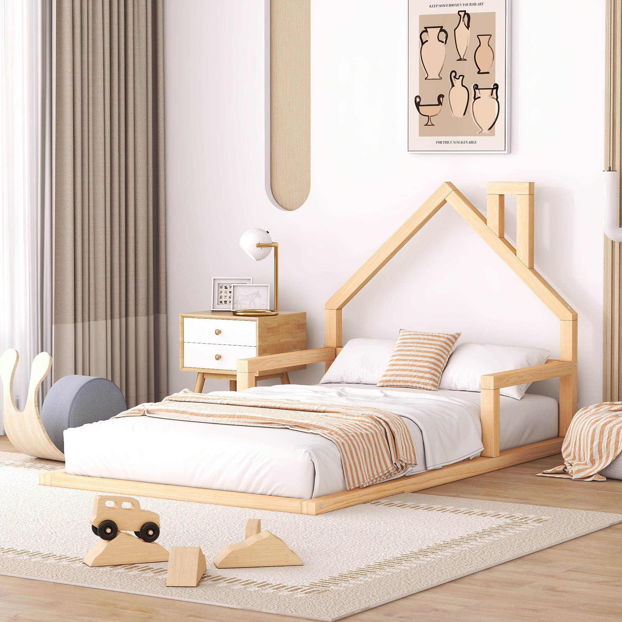Euroco Twin Size Wood Floor Bed for Kids Room, Toddler House Bed