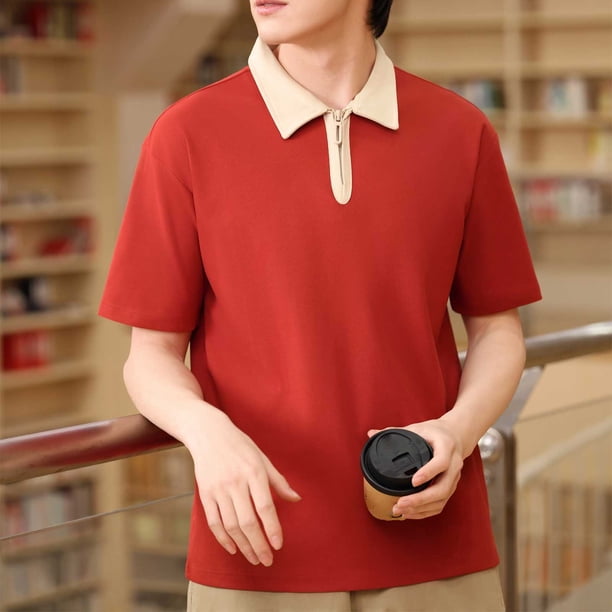 pstuiky camisetas para hombre, Camisa de manga corta con cuello vuelto y cremallera informal de color liso para hombre ropa de hombre l