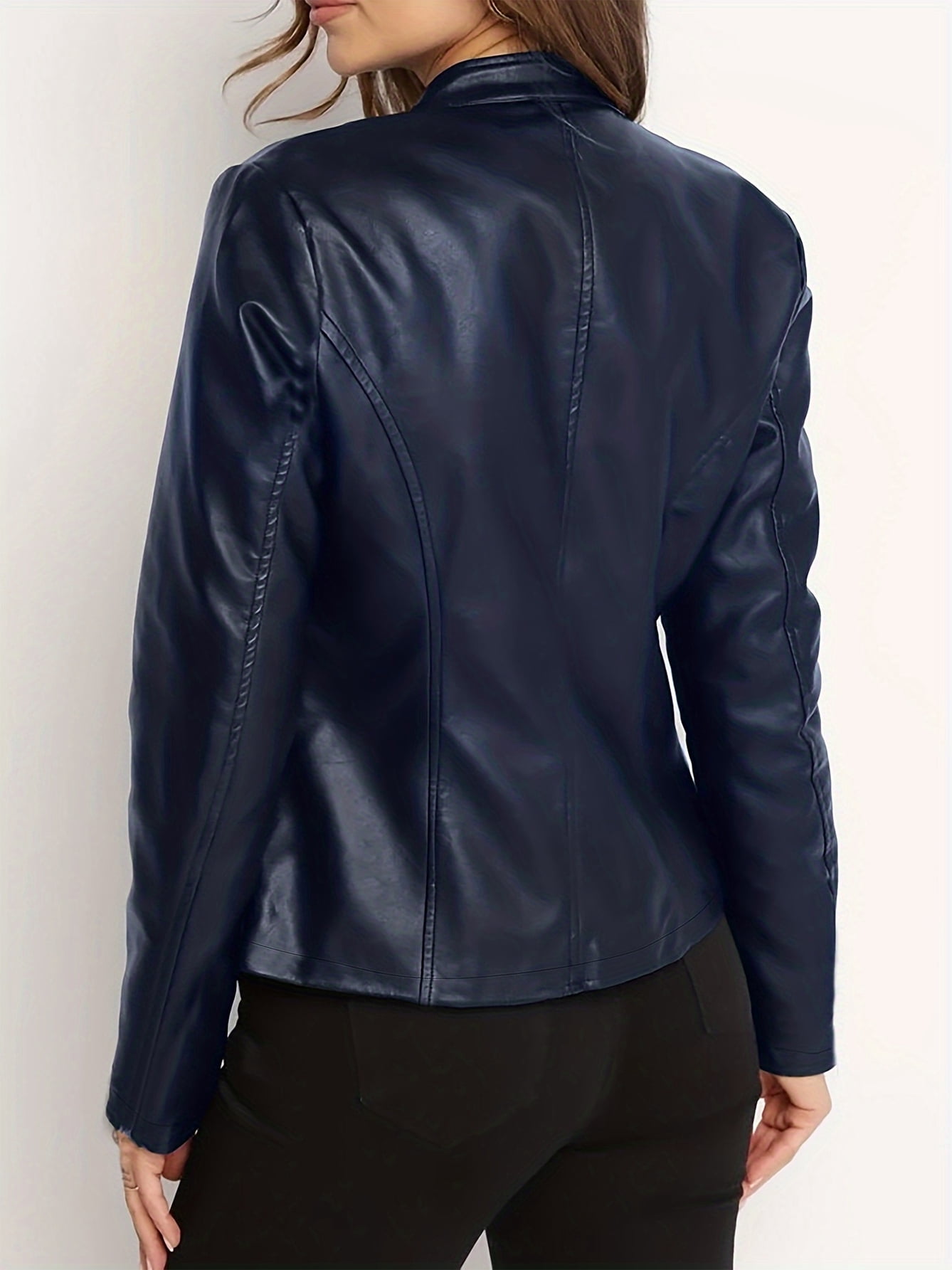 Women's Faux Leather Jacket, Stand Collar Moto Biker PU Coat for Women, Slim Fit Zippered Outwear for Casual Fall Winter Fashion