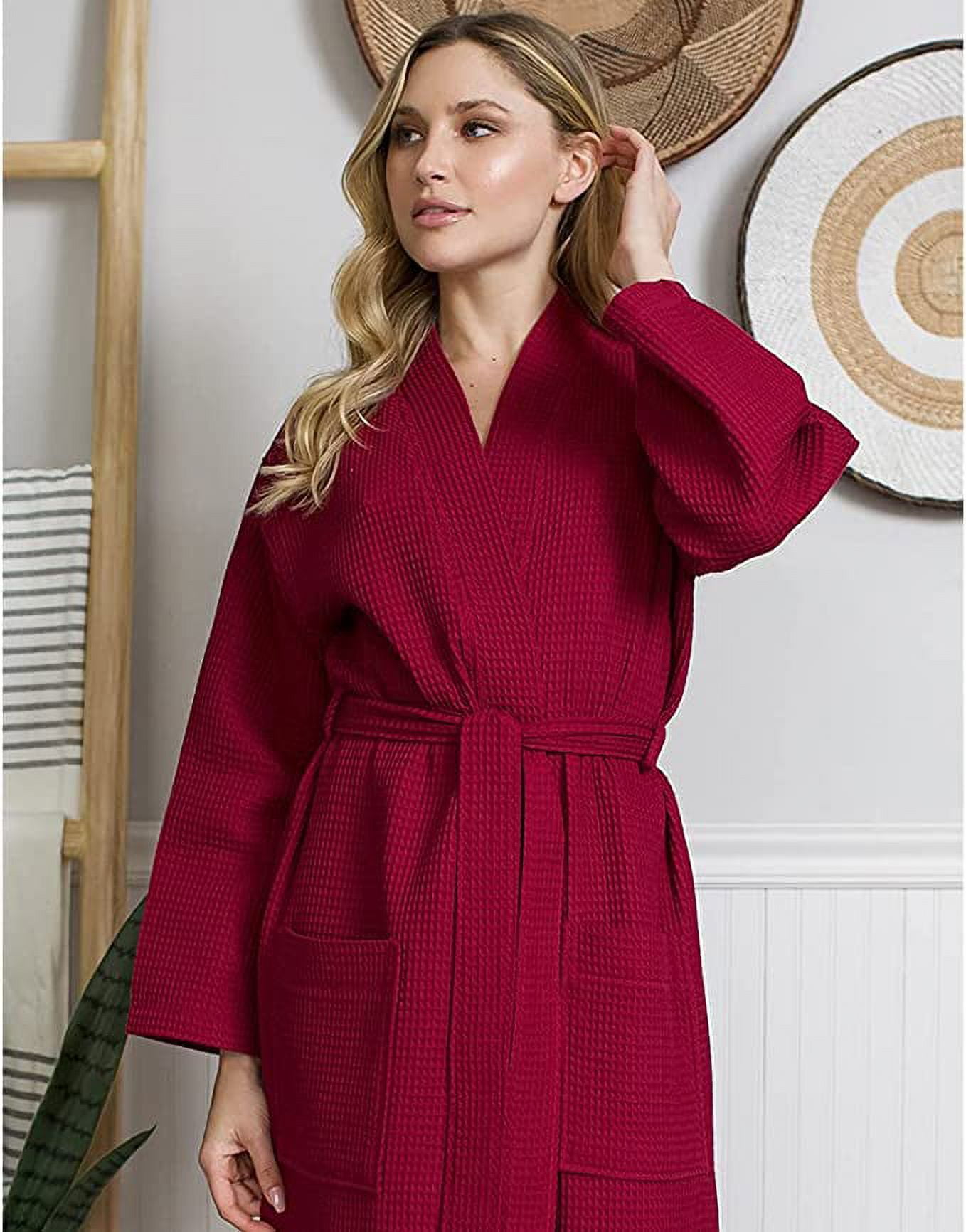 Lotus Linen Knee-Length Waffle Robe for Women Blush Large
