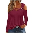 thumbnail image 2 of QUNYINEY Purple Tshirts Shirts for Women Solid Casual Long Sleeve V-Neck Tops Cut Out Cold Shoulder Pullover Loose T-Shirts, 2 of 5