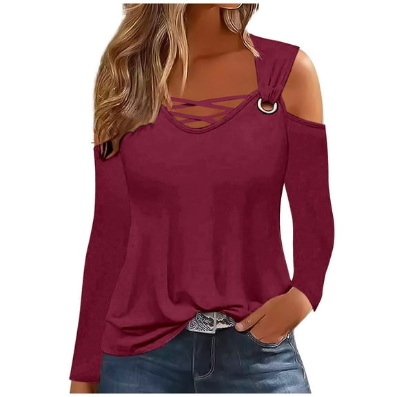 Htigea Cold Shoulder Tops for Women Criss Cross V Neck Long Sleeve Basic Tee Shirts Casual Loose Fit Fall Fashion Shirt Purple L