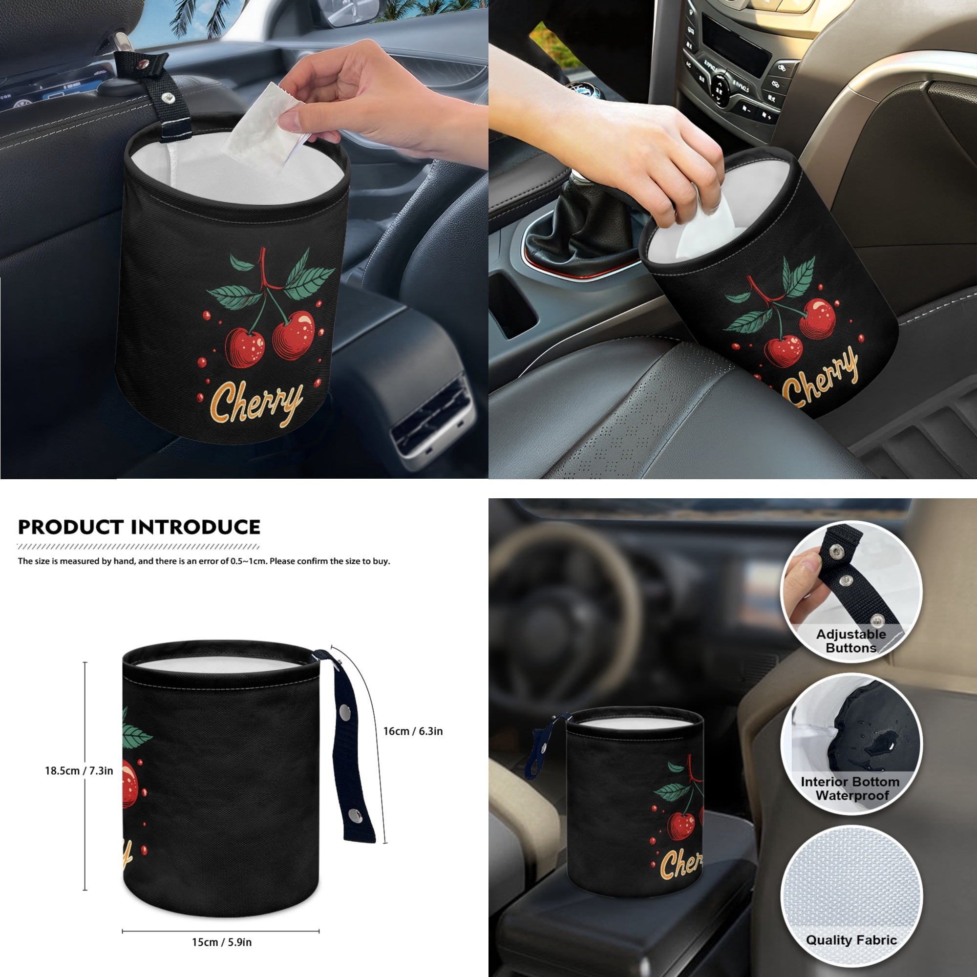 Yuyamidu 14pcs Cherry Car Seat Cover Protector with Steering Wheel Cover Seatbelt Pads Cute Auto Armrest Cover Trash Bin Rearview Mirror Cover Handbrake Cover Set Cup Holders for Women