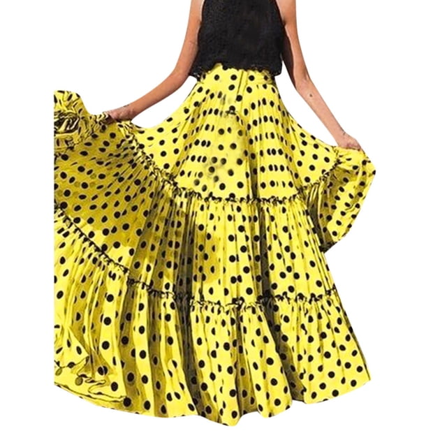 Robes d'Été Jaunes pour Femmes 2024, Robes d'Été en Polyester pour Invité de Mariage, Robe d'Invitée de Douche Nuptiale, Jupe Plissée à Pois Taille Haute Mode pour Femmes