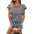 thumbnail image 2 of Womens Short Sleeve Sweater Round Neck Striped Pullover Cap Sleeve Knit Sweater Tops Black S, 2 of 9