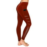 Women's Solid High Waist Leggings with Mesh Panel and Side Pockets - Red S/M