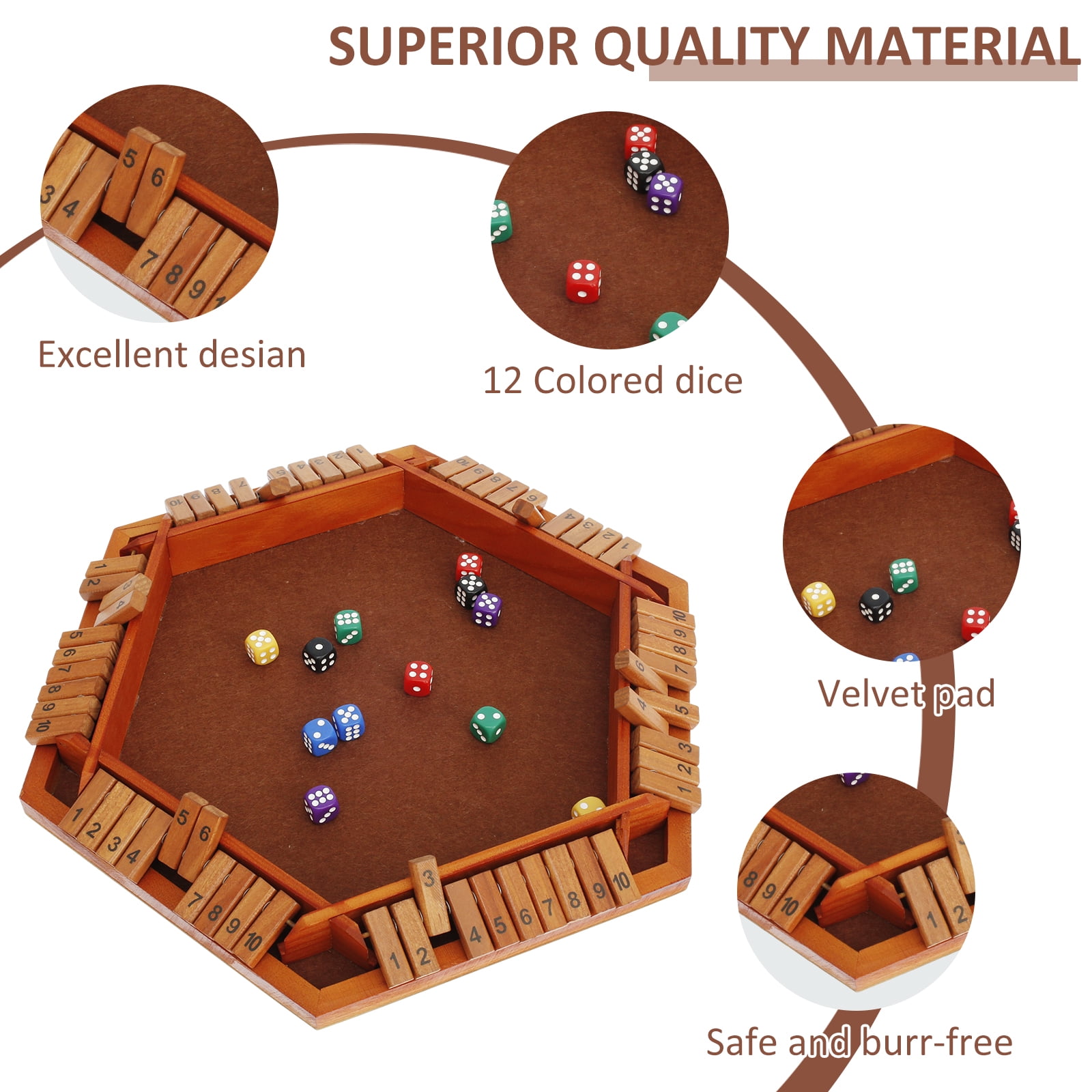 Wekvgz Shut The Box Game for 1 to 6 Players Wood Tabletop Board Game with 12 Dice Fun Close The Box Game Handmade Shut The Box Dice Game for Kids Adults Families Home Party